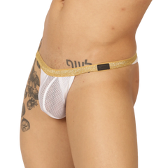 White mesh thong gigo hit gstring with glittery gold waistband and black rectangular accent front view
