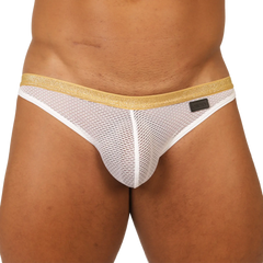 Gigo Hit white jockstrap with white mesh briefs gold glitter waistband and black silco brand tag visible