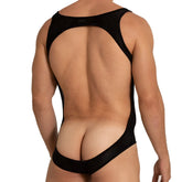 Black mesh one-piece swimsuit with cutout back and high-cut leg design shown from the back for a sleek look