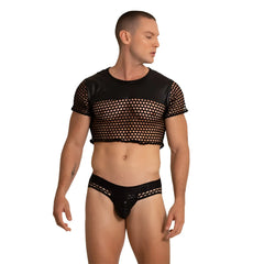 Gigo Hole black mesh crop top with short sleeves and round neckline paired with matching black mesh briefs