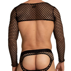 Back view of gigo hole black harness fishnet long sleeve top with open back and matching black mesh briefs