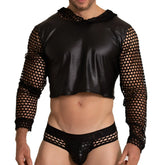 Black faux leather crop top with mesh sleeves and hood from gigo hole black hoody tshirt collection