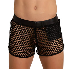 Black mesh shorts with a solid black elastic waistband from gigo hole black hotshort product line