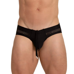 Black gigo hole swim brief with perforated side panels and drawstring waistband for comfortable fit