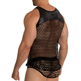 Back side of gigo hole black tank showing black mesh fabric with glossy faux leather panel on shoulders and upper back