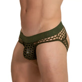 Olive green mesh briefs with solid waistband gigo hole green brief jock showing front side design