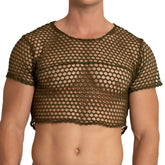 Olive green mesh crop top with short sleeves and round neckline from gigo hole green croop top collection