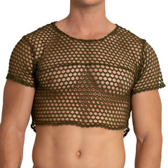 Olive green mesh crop top with short sleeves and round neckline from gigo hole green croop top collection