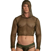 Olive green mesh hooded crop top with long sleeves and matching underwear set from gigo hole green hoody tshirt collection