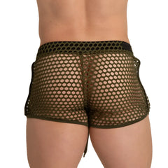 Olive green mesh hotshort with black elastic waistband and side ties from gigo hole green hotshort collection