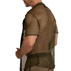 Olive green mesh short-sleeved shirt with collar and hem gigo hole green shirt front view