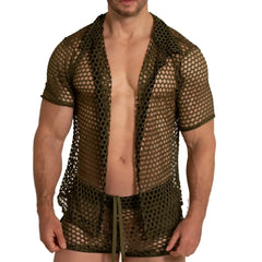 Olive green mesh short-sleeved shirt with collar and front opening from gigo hole green shirt collection