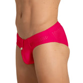 Bright pink gigo hole red swim brief with form-fitting fit perforated side panel and small metallic zipper detail