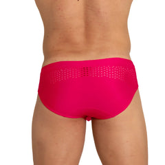 Bright fuchsia Gigo Hole red swim brief with perforated waistband designed for comfortable swimwear use