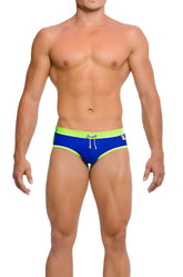 Bright blue gigo hot blue green brief swimwear with neon green waistband white drawstrings size medium