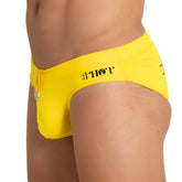 Gigo hot yellow swim brief featuring bright yellow swim trunks with black hashtag hot logo and silver drawstring hardware