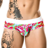 Vibrant watermelon patterned men’s briefs with white waistband and juicy branding gigo juicy brief underwear size s