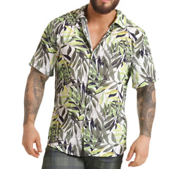 A men’s short-sleeved button-up Gigo Jungle shirt with vibrant green gray and white tropical leaf pattern