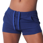Royal blue athletic shorts in a soft, jersey-style fabric with an elastic waistband and matching drawstring.