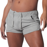 Gray mid-thigh athletic shorts with an elastic drawstring waistband and curved hem side slits.