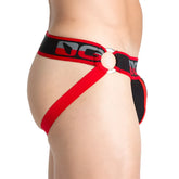 Red and black gigo karma black jock athletic briefs with silver metal ring at the front for support and style