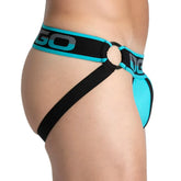 Turquoise and black gigo karma blue jock athletic briefs with bold go logo on waistband for active wear