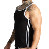 Black ribbed tank top with white trim and vertical side stripes from Gigo Khanal for casual wear