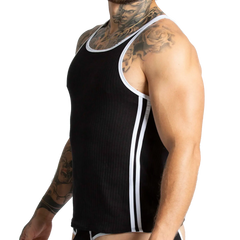 Black ribbed tank top with white trim and vertical side stripes from Gigo Khanal for casual wear