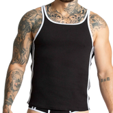 Gigo Khanal black ribbed tank top with white trim along neckline and side seams for casual wear