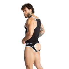 Black and white athletic-style briefs with bold contrasting trim from gigo khanal black tank collection