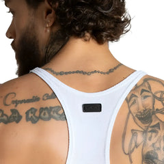 Back view of gigo lemon white mesh tank top with black rectangular brand patch made of breathable fabric