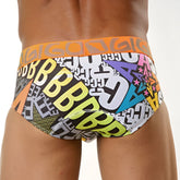 Gigo letters brief underwear xl with vibrant graffiti style print black base bold orange waistband multicolored lettering