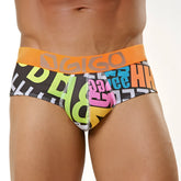 Vibrant multicolored gigo letters brief underwear xl with bold neon and pastel lettering on black background
