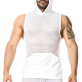 White mesh hooded sleeveless muscle top with solid front panel and pocket in size medium by Gigo LIGHT WHITE
