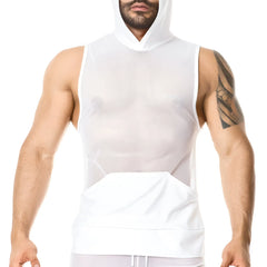 White mesh hooded sleeveless muscle top with solid front panel and pocket in size medium by Gigo LIGHT WHITE