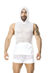 White mesh hooded tank top with a solid white panel at the waist from gigo light white hoody muscle top tshirt size m