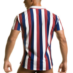 A men’s short-sleeved Gigo Line Shirt with bold vertical red white and navy blue stripes perfect for casual wear