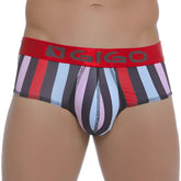 Striped gigo lines brief underwear g01003-lines size s with red black light blue and pink vertical stripes and bold red waistband