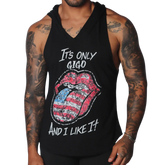 Black sleeveless hooded tank top with white text and a distressed American flag lips graphic on the front.