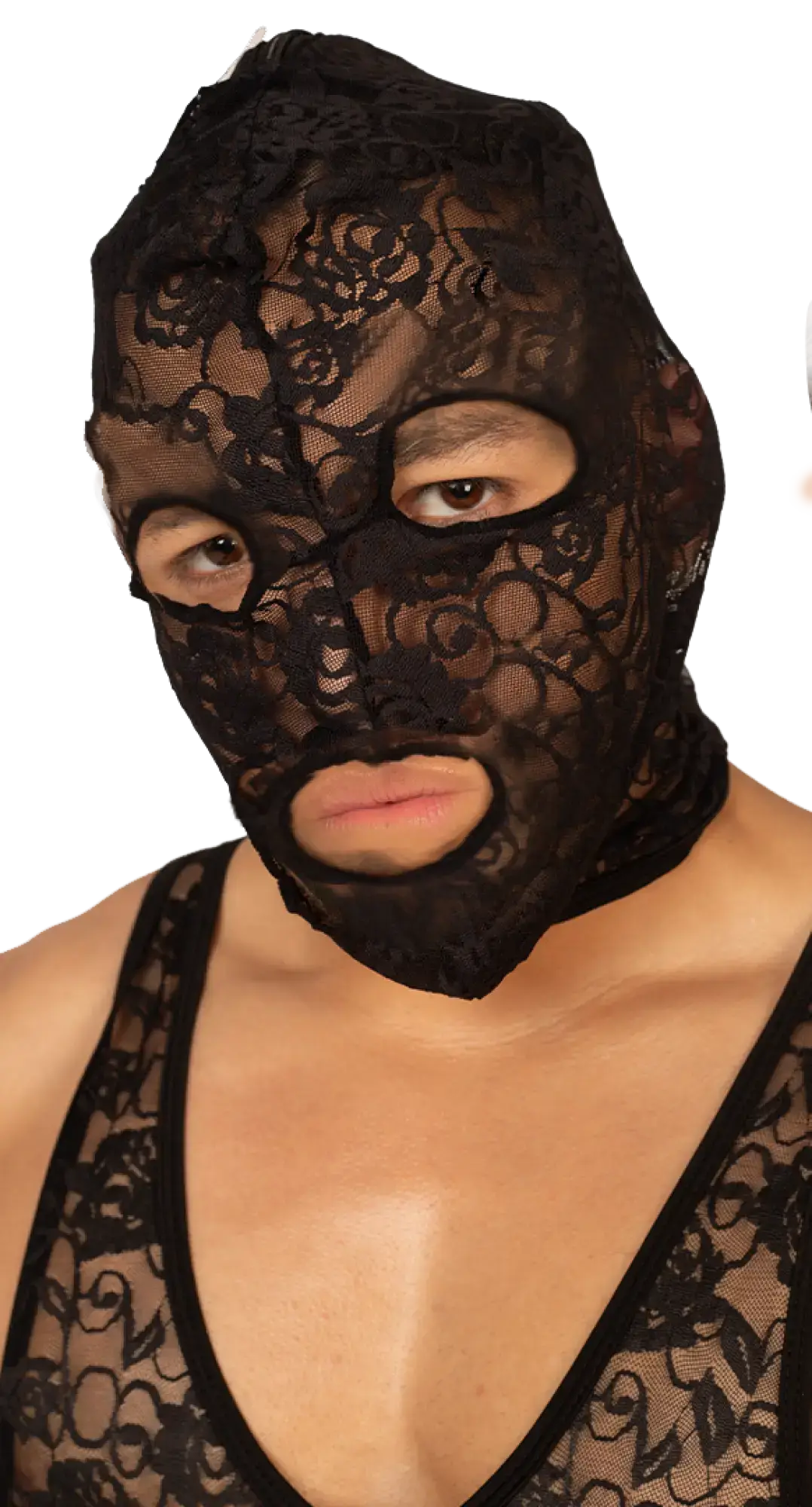 Black lace face mask with floral pattern from gigo magnetic balaclava featuring elegant material and design