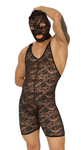 Black lace wrestling singlet with floral pattern and matching mask from gigo magnetic balaclava collection
