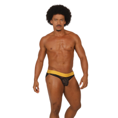 Black lace Gigo Magnetic Brief with bright yellow waistband featuring a comfortable elastic band design