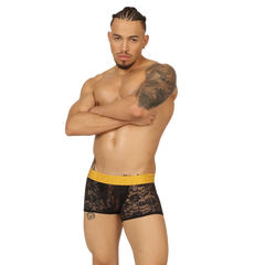 Black lace boxer briefs with a vibrant yellow elastic waistband from the gigo magnetic trunk jock collection