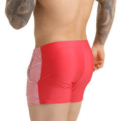 Bright red gigo marine swim trunks with white and red vertical stripe side panels for beachwear use