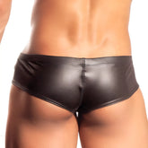 Black shiny faux leather briefs gigo masochistic black trunk showing front view with sleek design and glossy finish