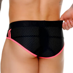 Black mesh briefs with vibrant pink trim and side stripes from gigo medieval candy brief collection
