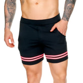 Black gigo medieval candy athletic shorts with two horizontal pink stripes at the hem for casual wear