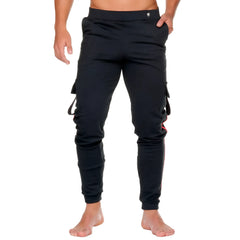Black cargo joggers gigo medieval candy sportpants with pink accent stitching and adjustable drawstring waistband