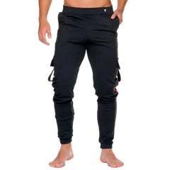 Black cargo joggers gigo medieval candy sportpants with pink accent stitching and adjustable drawstring waistband
