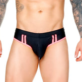 Black gigo medieval candy swim brief with pink trim and three vertical stripes on each side for swimming use